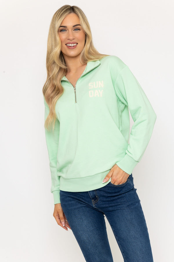 Carraig Donn Green 1/4 Zip Sweatshirt With 'Sunday' Embroidery