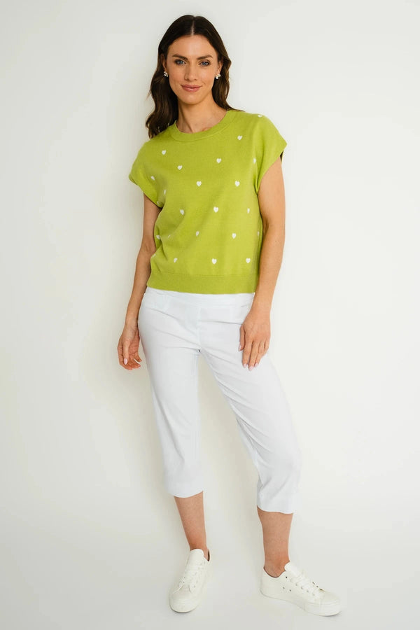 Carraig Donn Green Short Sleeve Heart Embroidered Knit Top