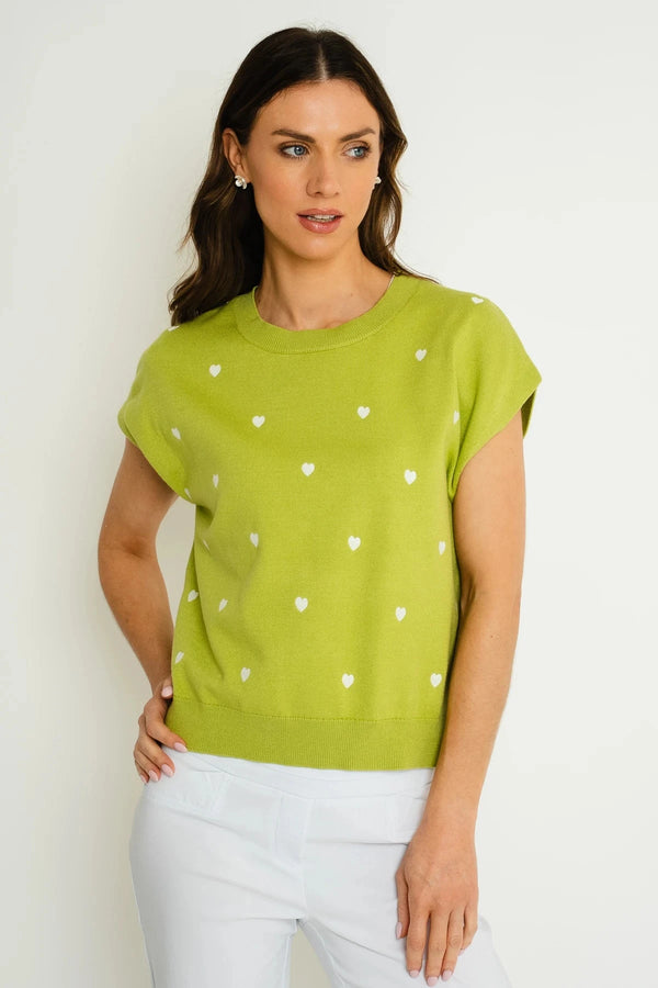 carraig donn Green Short Sleeve Heart Embroidered Knit Top