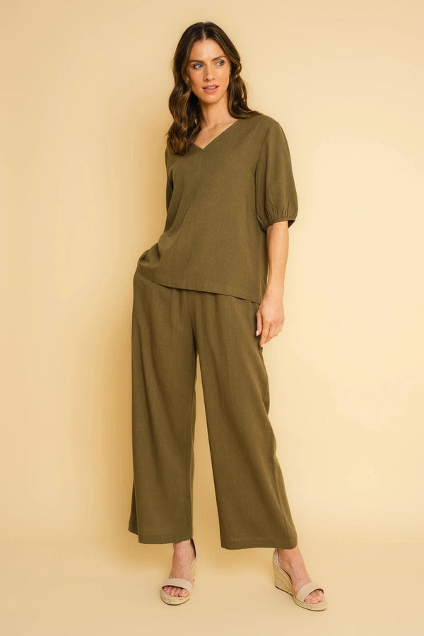 Carraig Donn Khaki Linen Blend Puff Short Sleeve Top