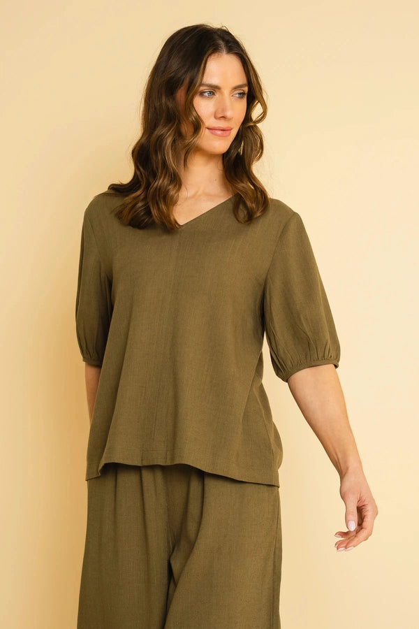 carraig donn Khaki Linen Blend Puff Short Sleeve Top