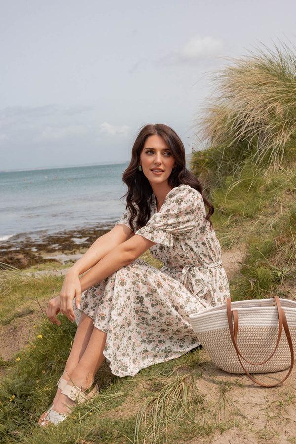 Carraig Donn Khaki Print Short Sleeve Sinead Midi Dress