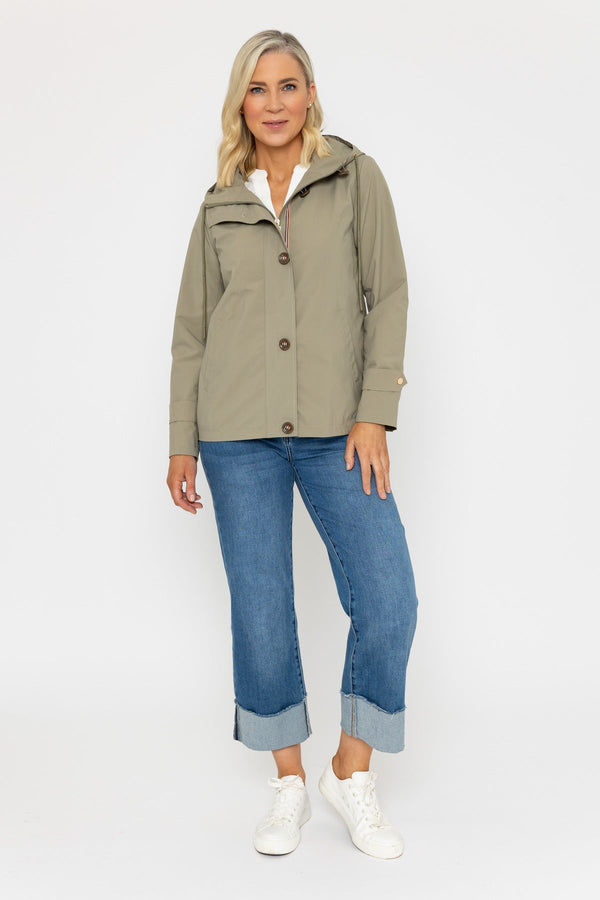 Carraig Donn Khaki Short Mac Jacket With Dipped Hem