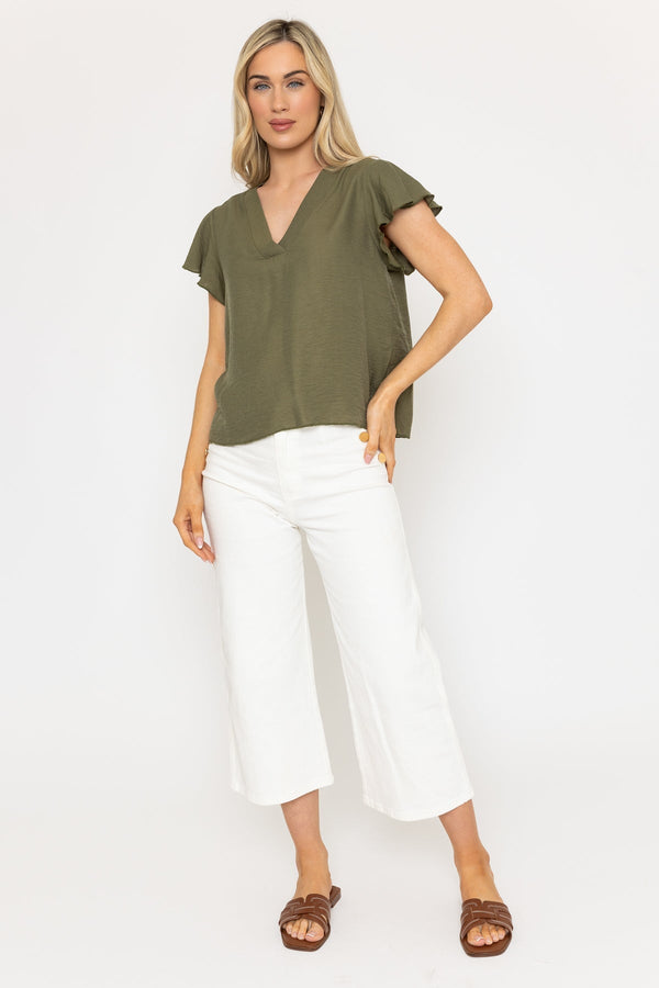 Carraig Donn Khaki V-Neck Top With Gathered Short Sleeves