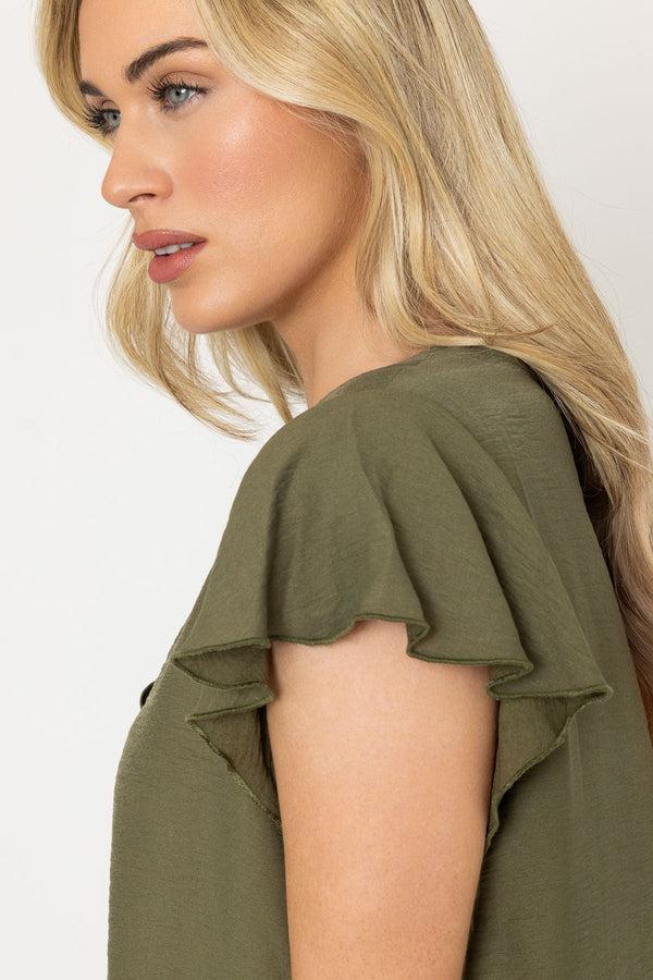 Carraig Donn Khaki V-Neck Top With Gathered Short Sleeves
