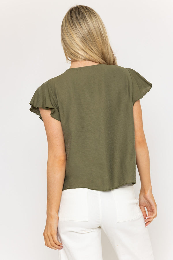 Carraig Donn Khaki V-Neck Top With Gathered Short Sleeves