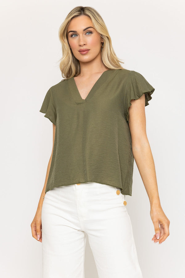carraig donn Khaki V-Neck Top with Gathered Short Sleeves