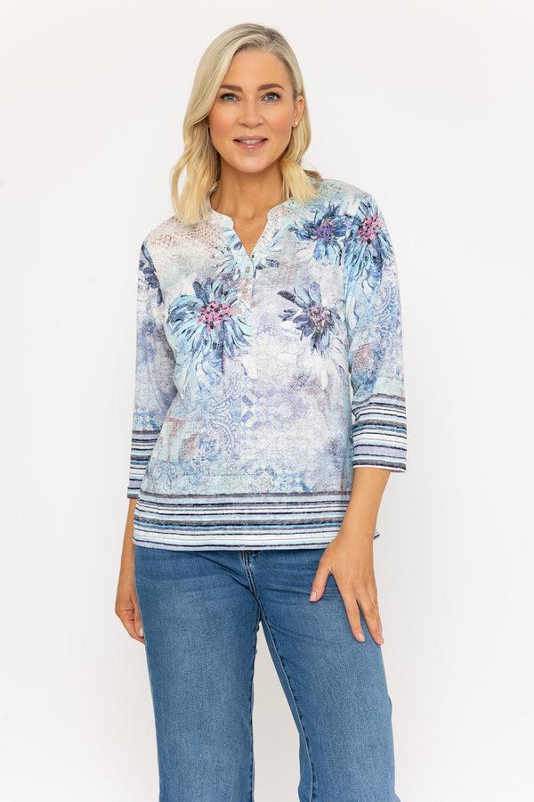 Carraig Donn Lilac Floral Printed Burnout Placket Top