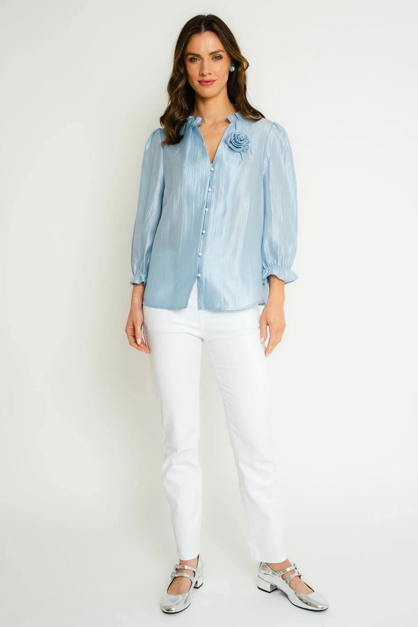 Carraig Donn Long Sleeve Blouse With Flower Detail In Light Blue
