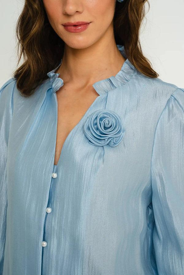 Carraig Donn Long Sleeve Blouse With Flower Detail In Light Blue