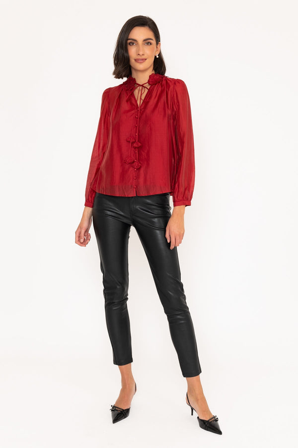 Carraig Donn Long Sleeve Burgundy Blouse With Neckline Flower Detailing