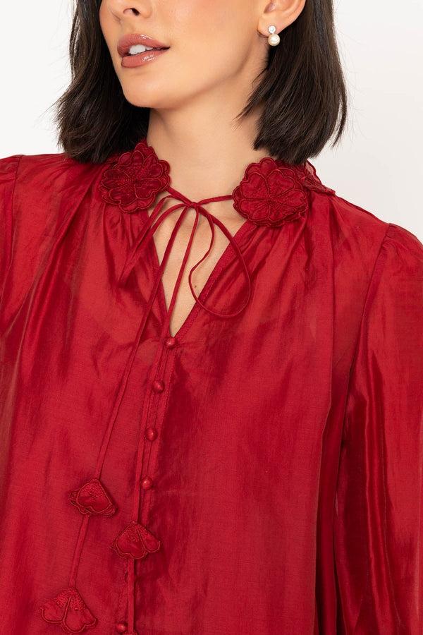 Carraig Donn Long Sleeve Burgundy Blouse With Neckline Flower Detailing