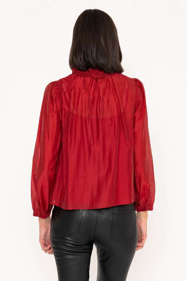 Carraig Donn Long Sleeve Burgundy Blouse With Neckline Flower Detailing