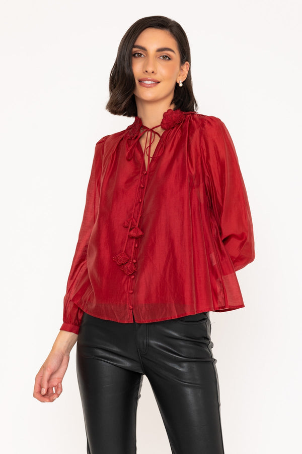 carraig donn Long Sleeve Burgundy Blouse with Neckline Flower Detailing