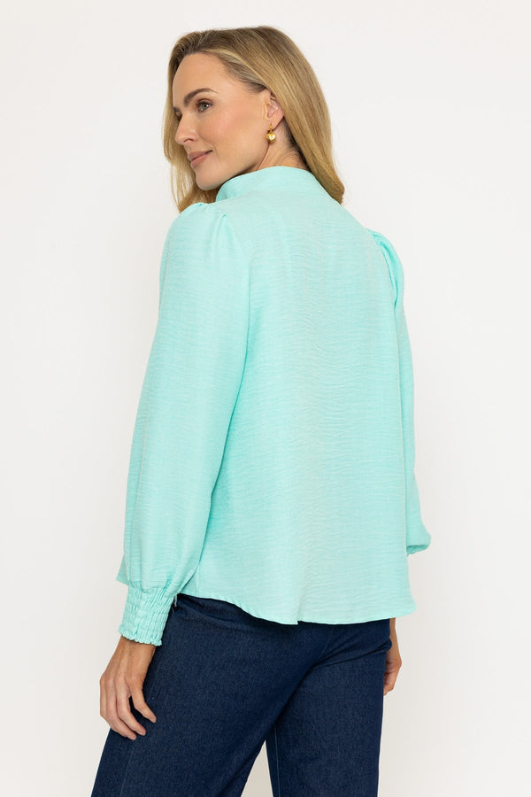 Carraig Donn Long Sleeve Collarless Top In Aqua Blue