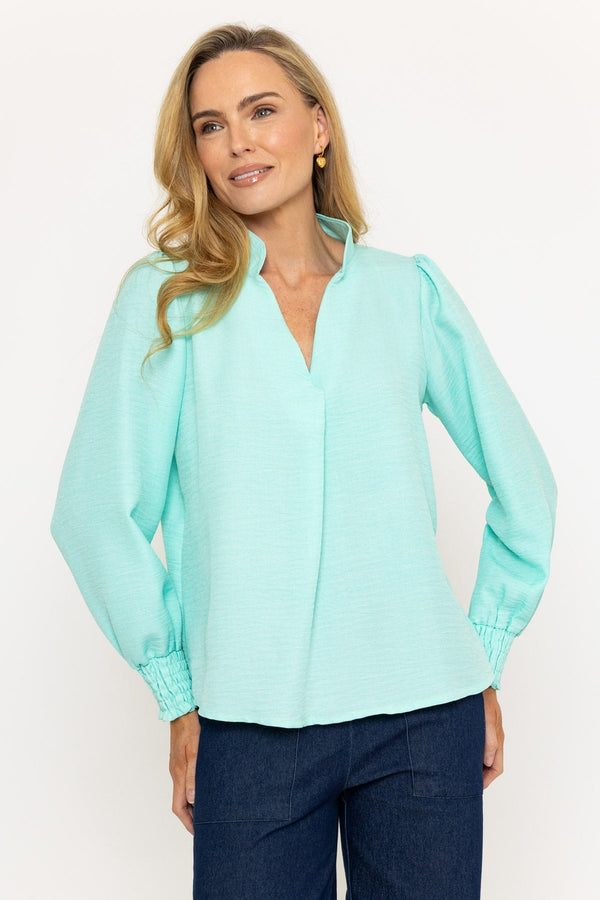 carraig donn Long Sleeve Collarless Top in Aqua Blue