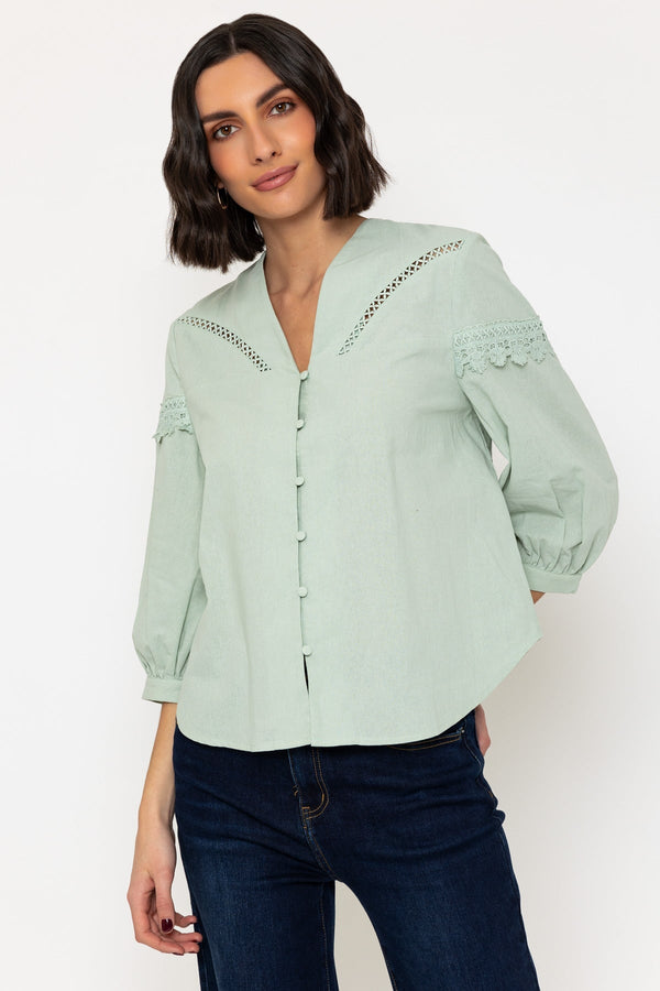 Carraig Donn Long Sleeve Linen Blend Blouse In Khaki