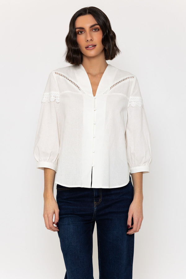 carraig donn Long Sleeve Linen Blend Blouse in White