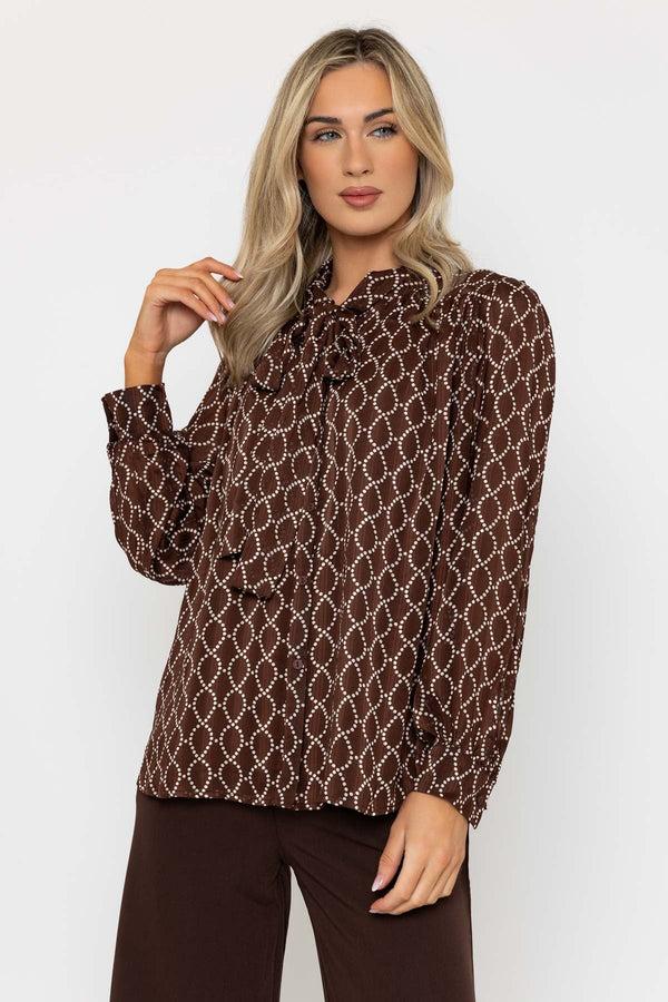 Carraig Donn Long Sleeve Printed Pussy Bow Blouse In Brown