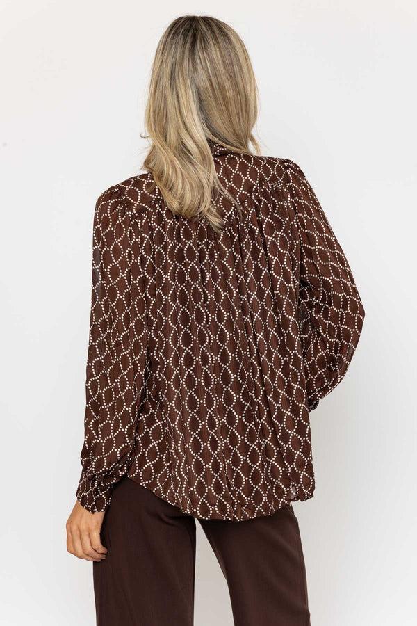 Carraig Donn Long Sleeve Printed Pussy Bow Blouse In Brown