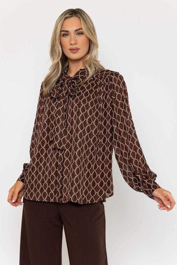 carraig donn Long Sleeve Printed Pussy Bow Blouse in Brown