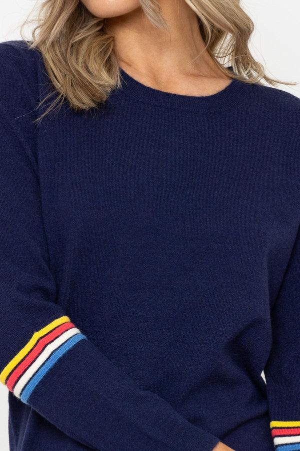 Carraig Donn Navy Knit Jumper With Stripes Detail On Sleeves
