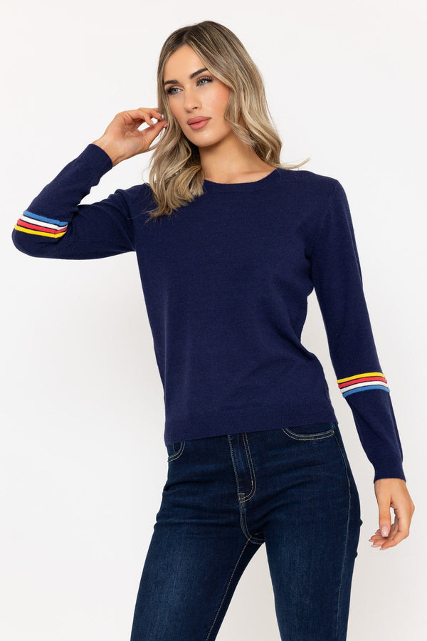 Carraig Donn Navy Knit Jumper With Stripes Detail On Sleeves