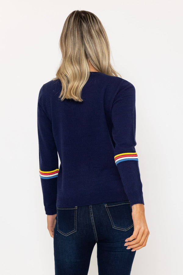 Carraig Donn Navy Knit Jumper With Stripes Detail On Sleeves
