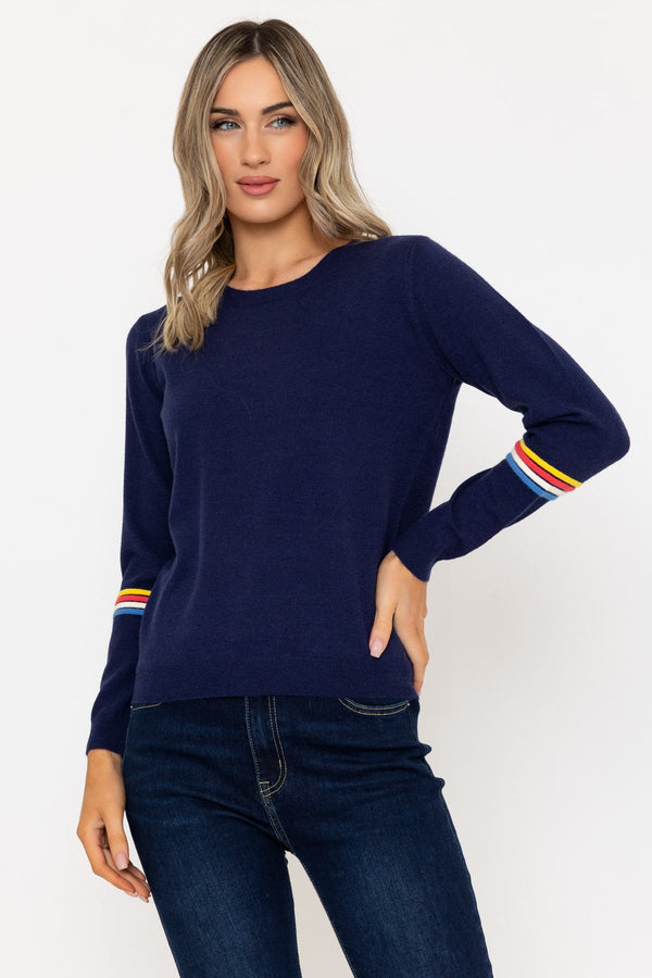 carraig donn Navy Knit Jumper with Stripes Detail on Sleeves