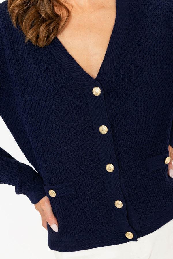 Carraig Donn Navy Lightweight Cardigan With Gold Buttons