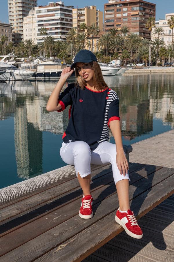 Carraig Donn Navy & Red Contrast Stripe Short Sleeve Top