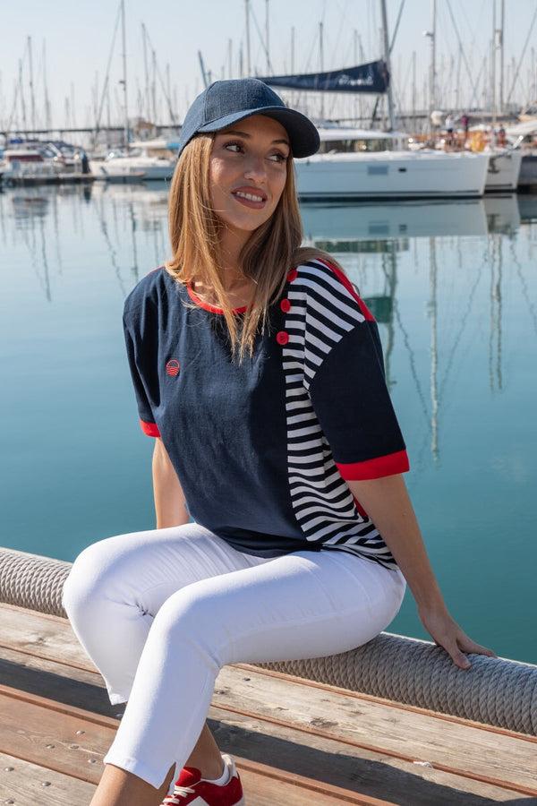 carraig donn Navy & Red Contrast Stripe Short Sleeve Top