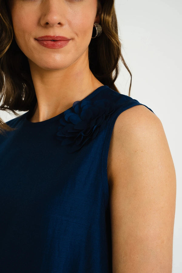 Carraig Donn Navy Sleeveless Mini Dress With Floral Corsage Detail