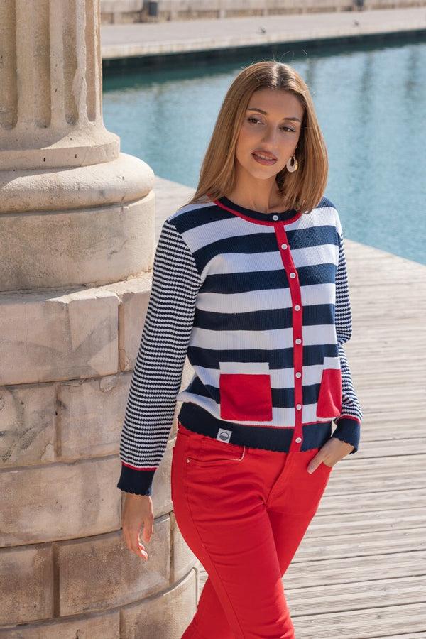 Carraig Donn Navy Stipe Rib Cardigan With Red Contrast