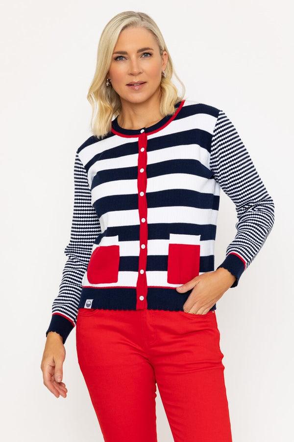 Carraig Donn Navy Stipe Rib Cardigan With Red Contrast