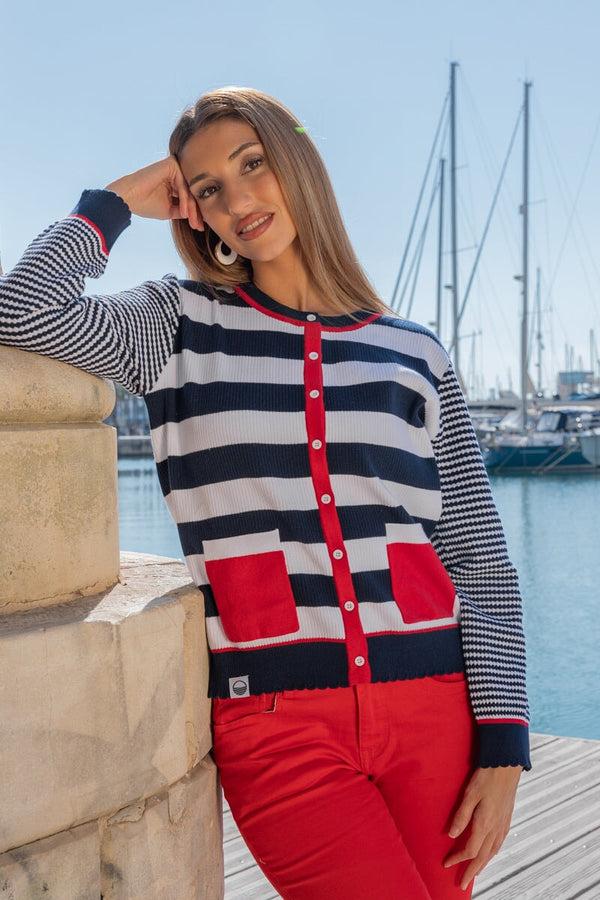 carraig donn Navy Stipe Rib Cardigan With Red Contrast