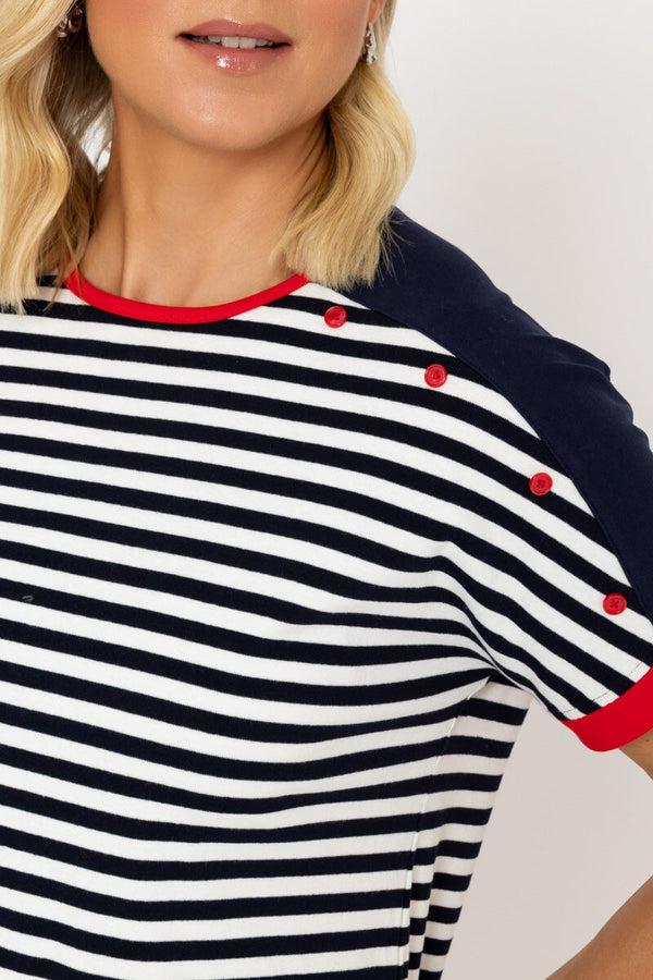 Carraig Donn Navy Stripe T-Shirt With Contrast Buttons