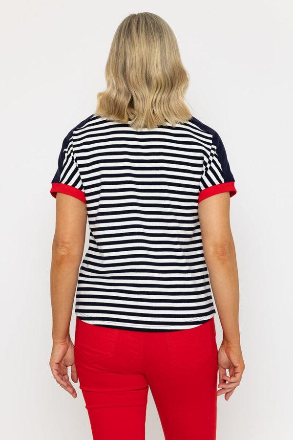Carraig Donn Navy Stripe T-Shirt With Contrast Buttons