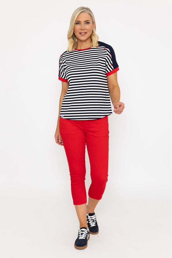 Carraig Donn Navy Stripe T-Shirt With Contrast Buttons