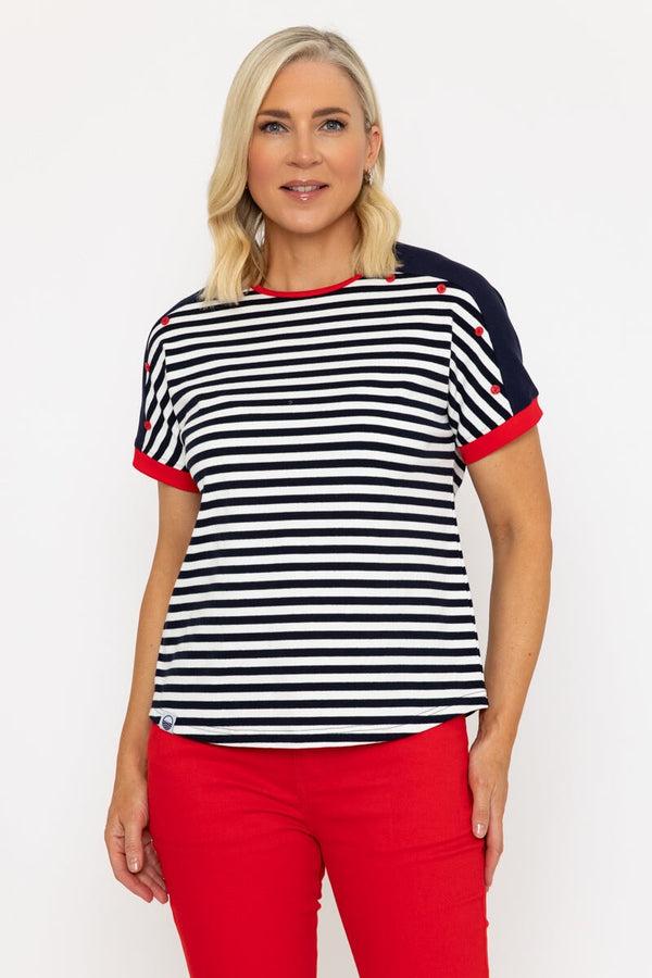 carraig donn Navy Stripe T-Shirt With Contrast Buttons