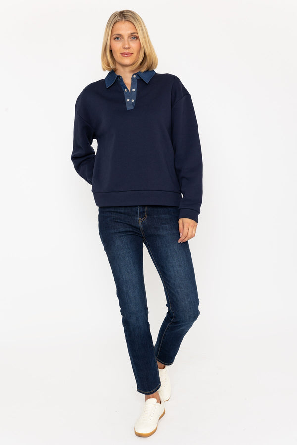 Carraig Donn Navy Sweatshirt With Denim Collar Detail