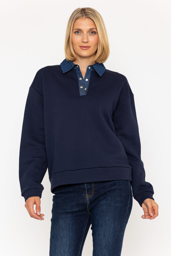carraig donn Navy Sweatshirt with Denim Collar Detail