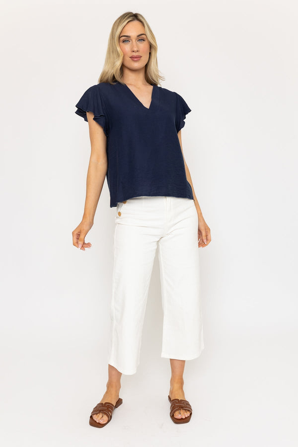 Carraig Donn Navy V-Neck Top With Gathered Short Sleeves