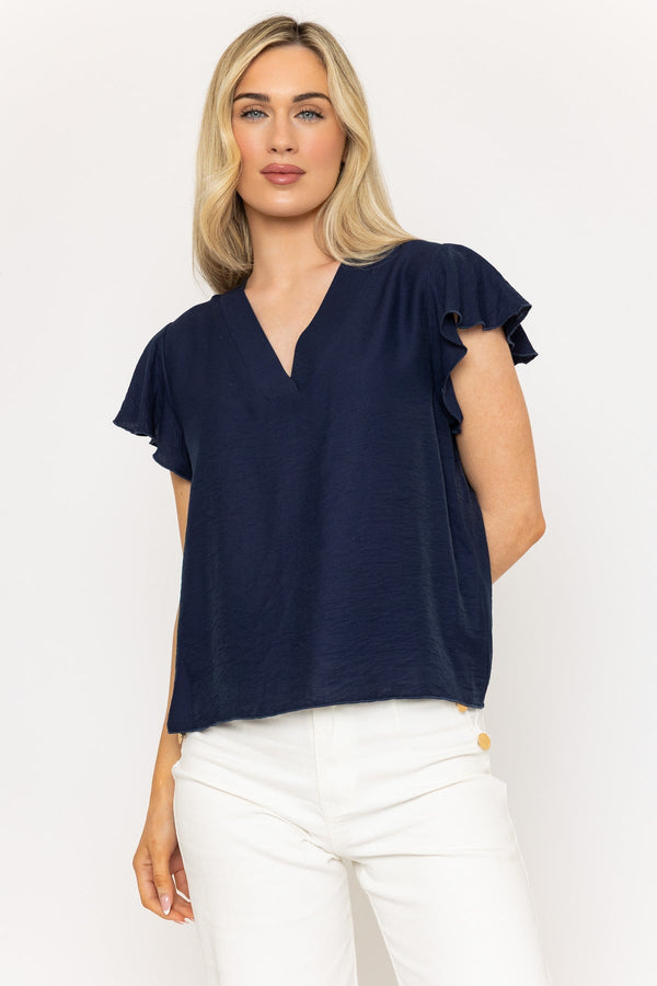 Carraig Donn Navy V-Neck Top With Gathered Short Sleeves