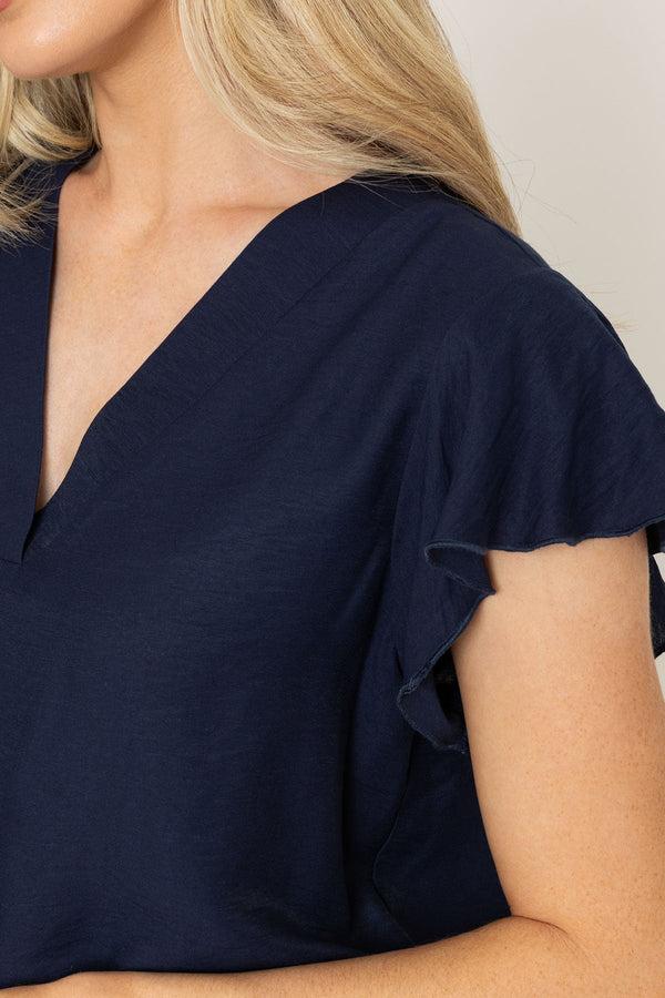 Carraig Donn Navy V-Neck Top With Gathered Short Sleeves