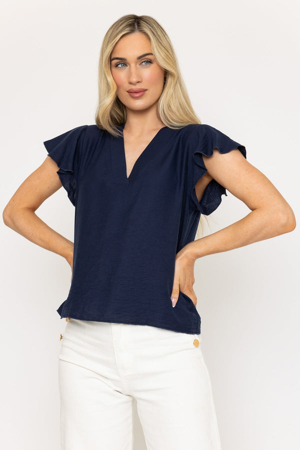 carraig donn Navy V-Neck Top with Gathered Short Sleeves