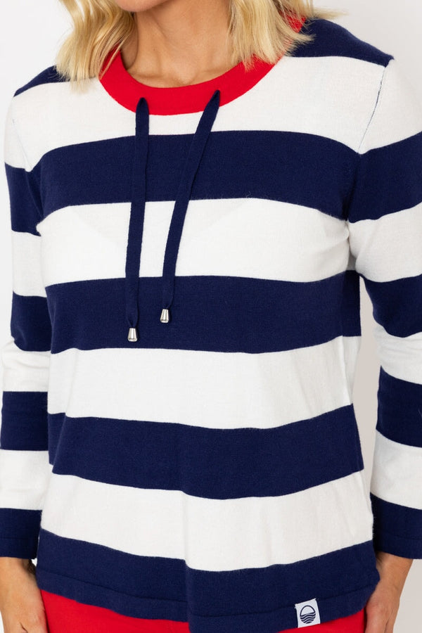 Carraig Donn Navy & White Stripe Jumper With Contrast Neck