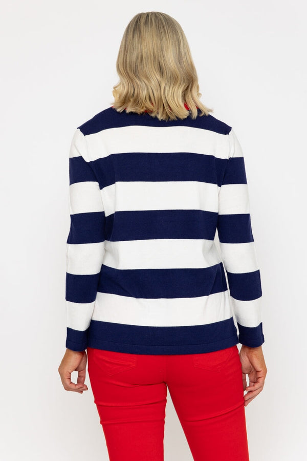 Carraig Donn Navy & White Stripe Jumper With Contrast Neck