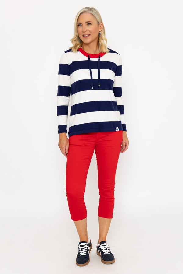 Carraig Donn Navy & White Stripe Jumper With Contrast Neck