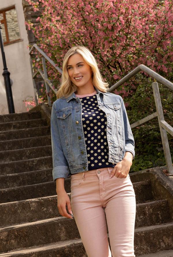 Carraig Donn Navy & Yellow Polka Dot Short Sleeve Knit Top